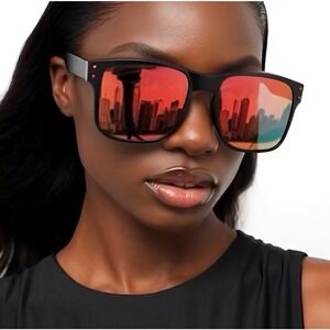Black Red Mirror Lens Square Sunglasses Women Fashion Eyewear UV Protection 2026